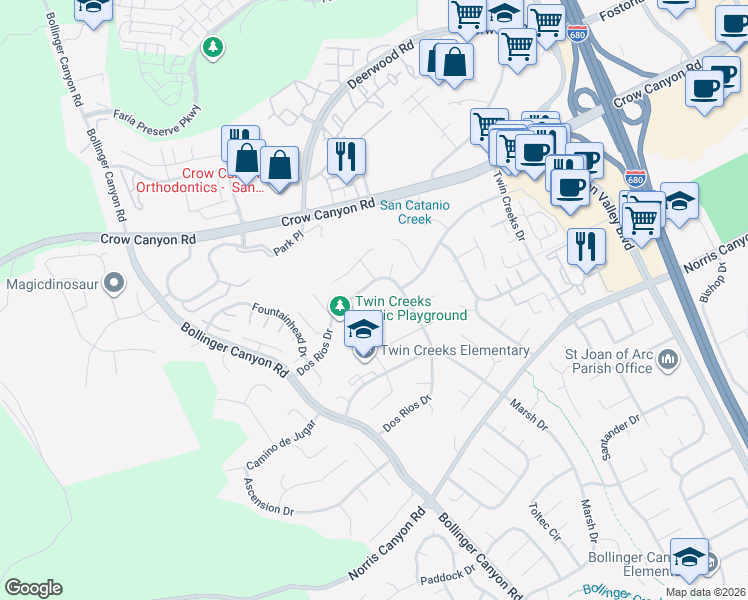 map of restaurants, bars, coffee shops, grocery stores, and more near 94 Dos Rios Place in San Ramon