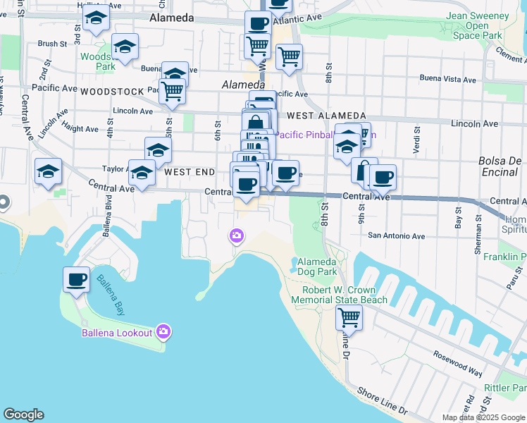 map of restaurants, bars, coffee shops, grocery stores, and more near in Alameda