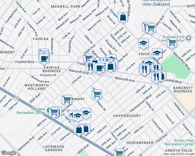 map of restaurants, bars, coffee shops, grocery stores, and more near 2451 Seminary Avenue in Oakland