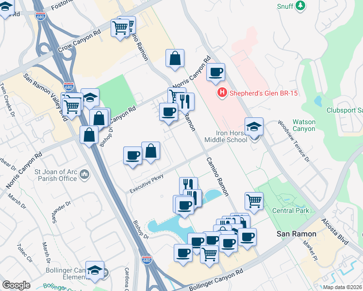 map of restaurants, bars, coffee shops, grocery stores, and more near 5000 Executive Parkway in San Ramon