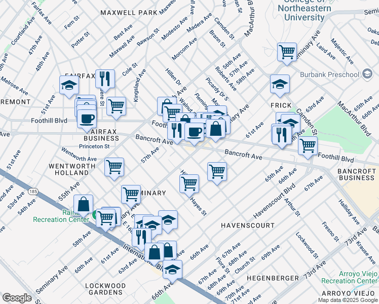 map of restaurants, bars, coffee shops, grocery stores, and more near 2451 Seminary Avenue in Oakland