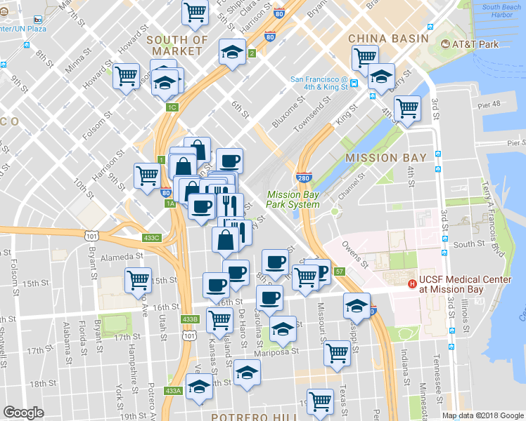 map of restaurants, bars, coffee shops, grocery stores, and more near 900 7th Street in San Francisco
