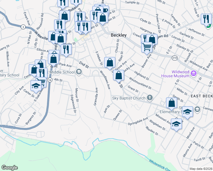 map of restaurants, bars, coffee shops, grocery stores, and more near 128 Franklin Avenue in Beckley