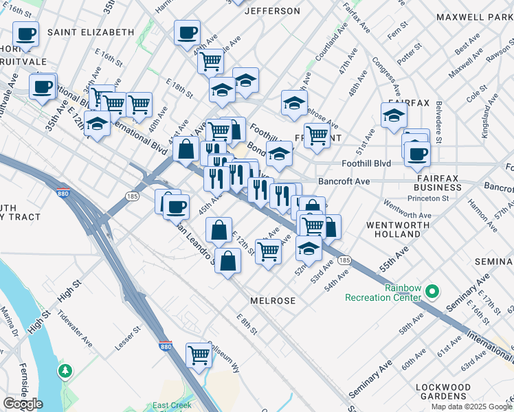 map of restaurants, bars, coffee shops, grocery stores, and more near International Blvd & 47th Ave in Oakland