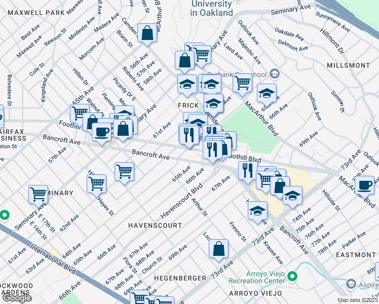 map of restaurants, bars, coffee shops, grocery stores, and more near 6516 Bancroft Avenue in Oakland