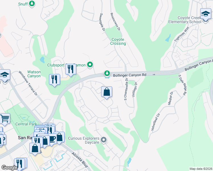 map of restaurants, bars, coffee shops, grocery stores, and more near 176 Victory Circle in San Ramon