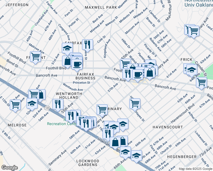 map of restaurants, bars, coffee shops, grocery stores, and more near 5549 Harvey Avenue in Oakland