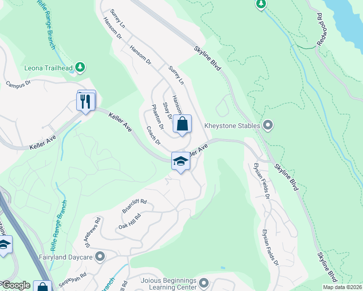 map of restaurants, bars, coffee shops, grocery stores, and more near 8199 Hansom Drive in Oakland