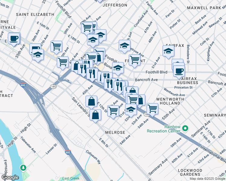 map of restaurants, bars, coffee shops, grocery stores, and more near in Oakland