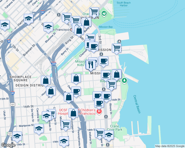 map of restaurants, bars, coffee shops, grocery stores, and more near Mission Bay Boulevard South in San Francisco