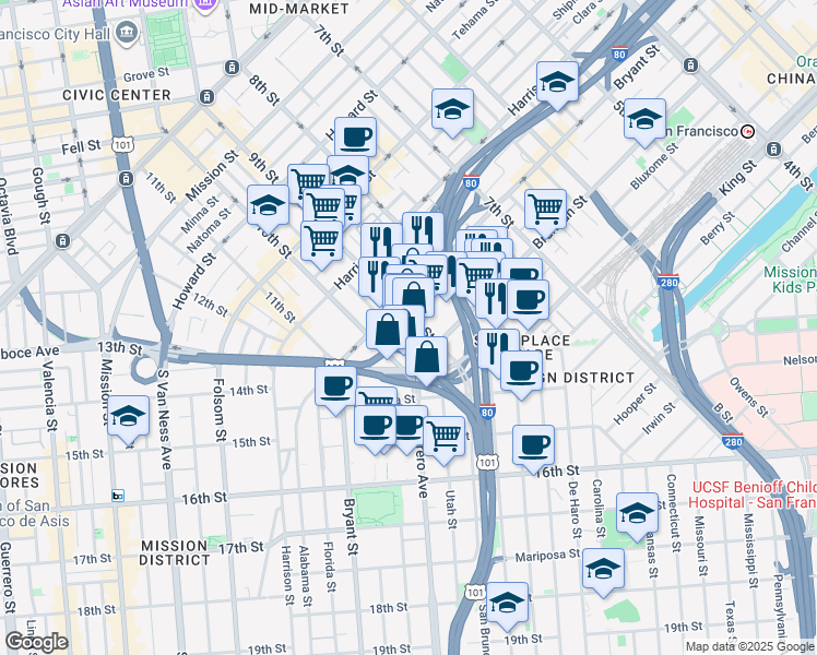 map of restaurants, bars, coffee shops, grocery stores, and more near 1000 Brannan Street in San Francisco