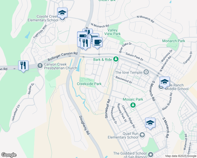 map of restaurants, bars, coffee shops, grocery stores, and more near 1024 Cedarwood Loop in San Ramon