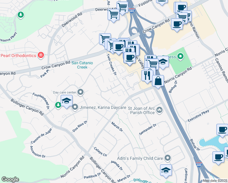 map of restaurants, bars, coffee shops, grocery stores, and more near 2610 Meadow Glen Drive in San Ramon