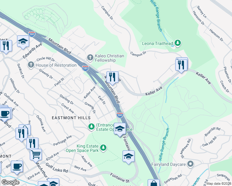 map of restaurants, bars, coffee shops, grocery stores, and more near 4103 Dickson Court in Oakland
