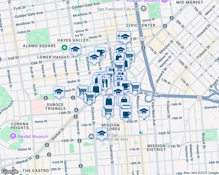 map of restaurants, bars, coffee shops, grocery stores, and more near 170 Duboce Avenue in San Francisco