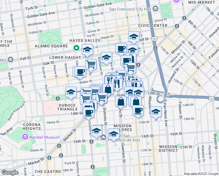 map of restaurants, bars, coffee shops, grocery stores, and more near 55 Hermann Street in San Francisco