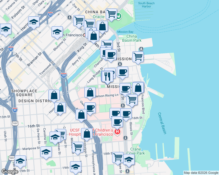 map of restaurants, bars, coffee shops, grocery stores, and more near Mission Bay Boulevard South in San Francisco