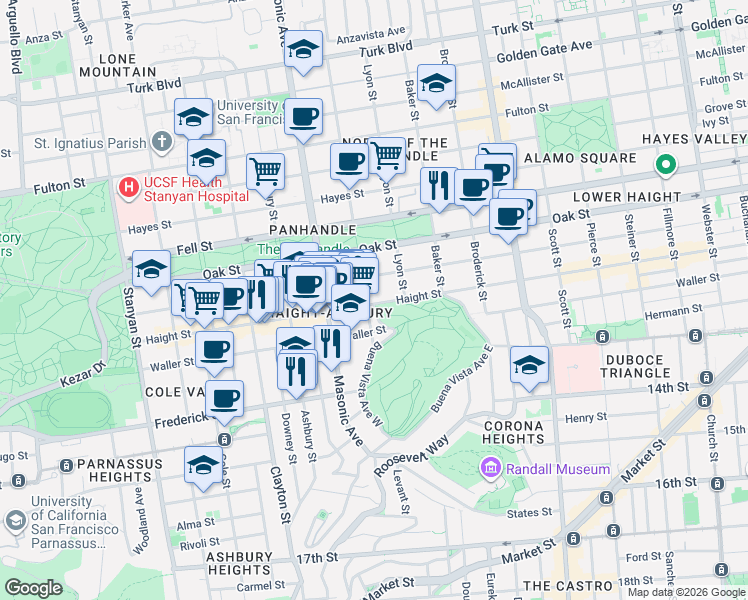 map of restaurants, bars, coffee shops, grocery stores, and more near 1296 Haight Street in San Francisco