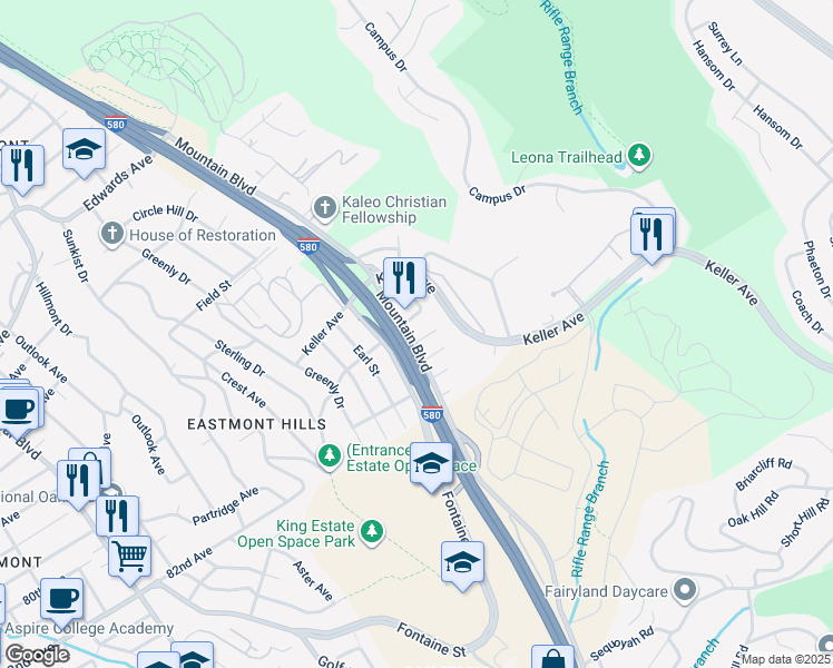 map of restaurants, bars, coffee shops, grocery stores, and more near 4103 Dickson Court in Oakland