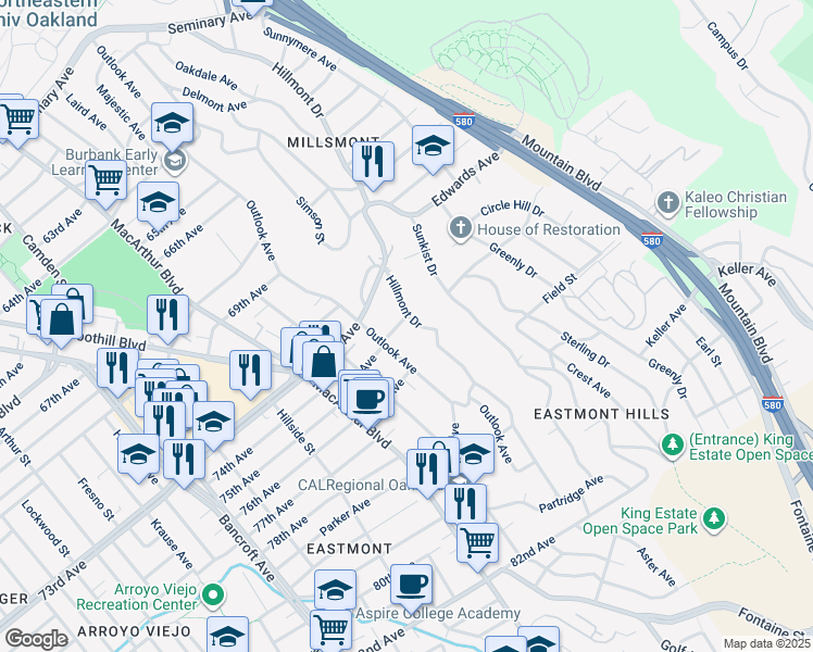 map of restaurants, bars, coffee shops, grocery stores, and more near 7543 Hillmont Drive in Oakland