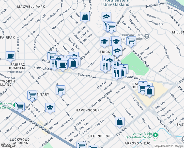 map of restaurants, bars, coffee shops, grocery stores, and more near in Oakland