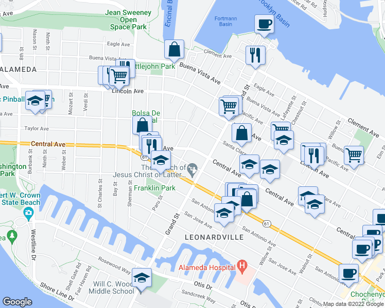 map of restaurants, bars, coffee shops, grocery stores, and more near 1222 Paru Street in Alameda