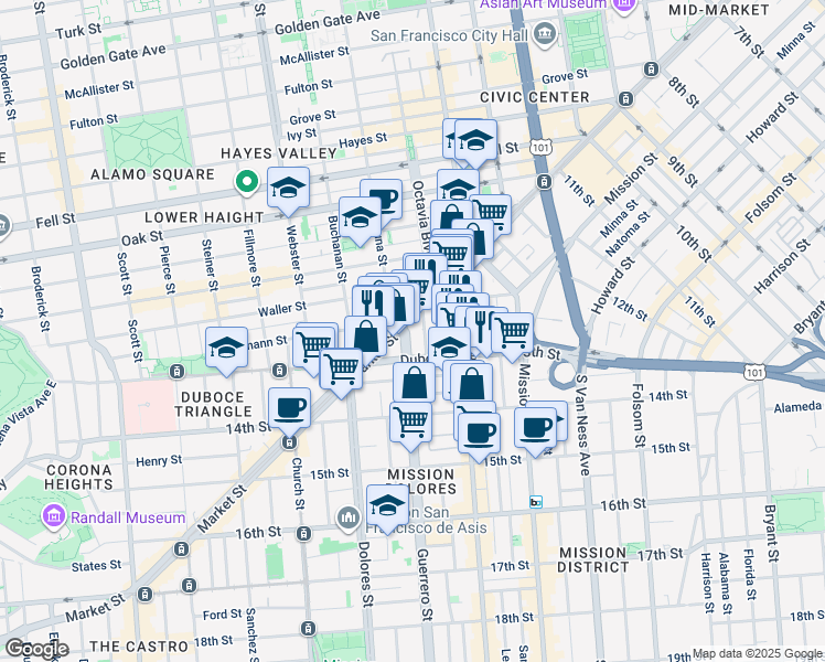 map of restaurants, bars, coffee shops, grocery stores, and more near 170 Duboce Avenue in San Francisco