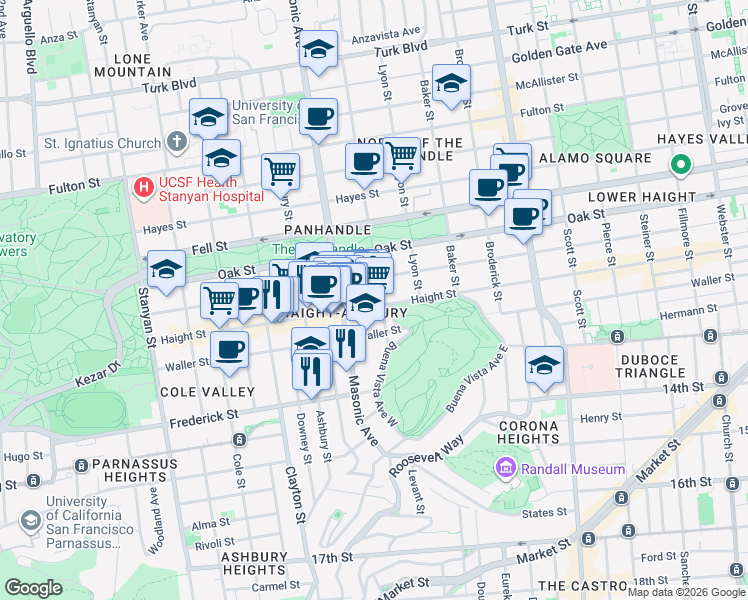 map of restaurants, bars, coffee shops, grocery stores, and more near 72 Central Avenue in San Francisco