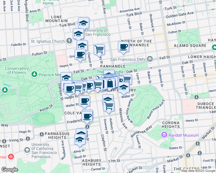map of restaurants, bars, coffee shops, grocery stores, and more near 1465 Haight Street in San Francisco