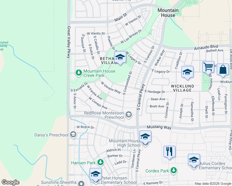 map of restaurants, bars, coffee shops, grocery stores, and more near 316 Verano Way in Mountain House