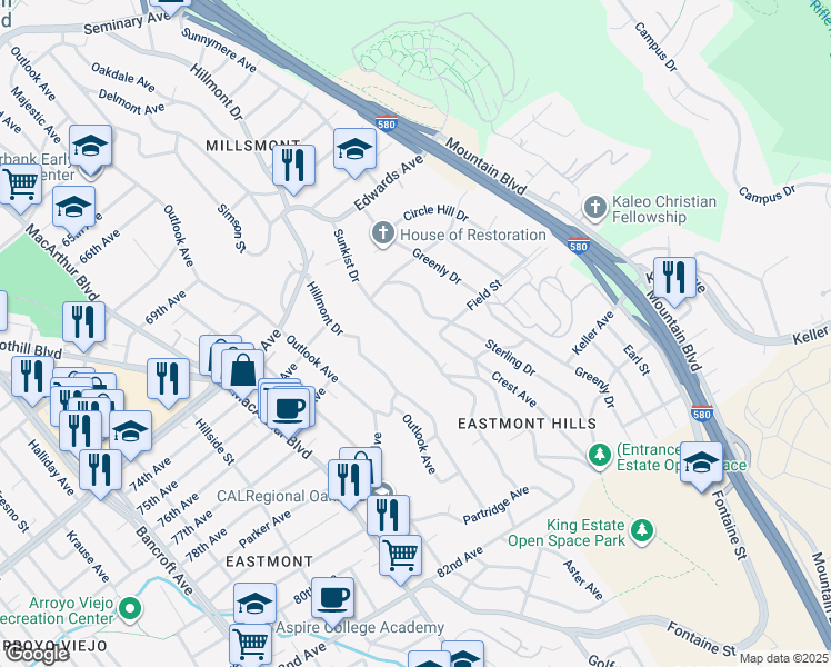 map of restaurants, bars, coffee shops, grocery stores, and more near 7618 Sunkist Drive in Oakland