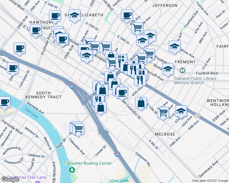 map of restaurants, bars, coffee shops, grocery stores, and more near San Leandro Street & High Street in Oakland