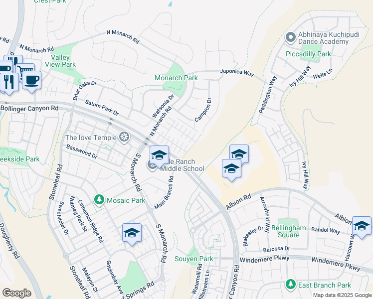 map of restaurants, bars, coffee shops, grocery stores, and more near 2441 Maidenhair Way in San Ramon