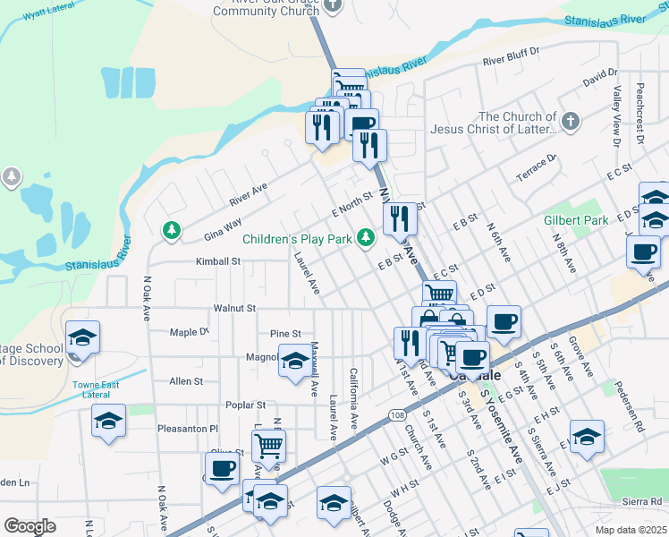 map of restaurants, bars, coffee shops, grocery stores, and more near 505 California Avenue in Oakdale