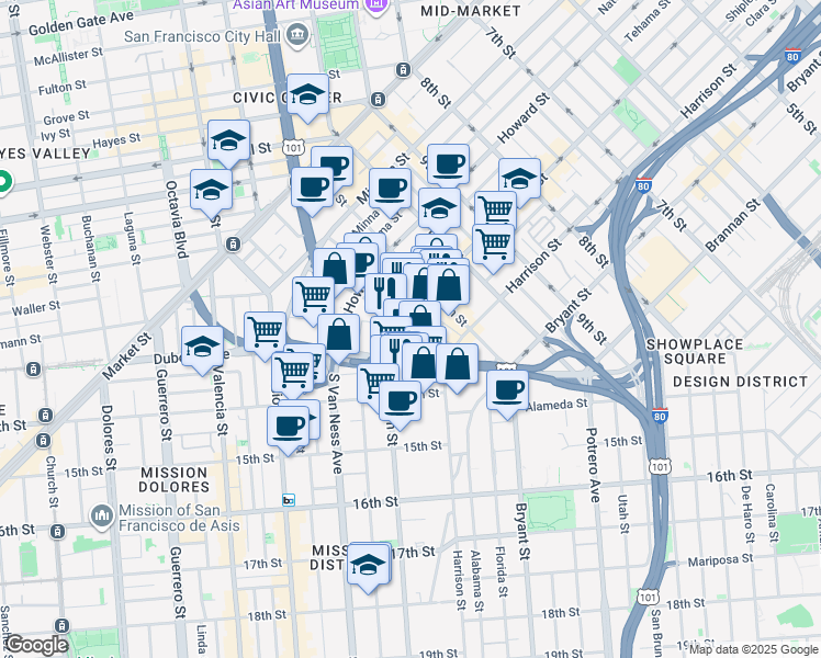 map of restaurants, bars, coffee shops, grocery stores, and more near in San Francisco