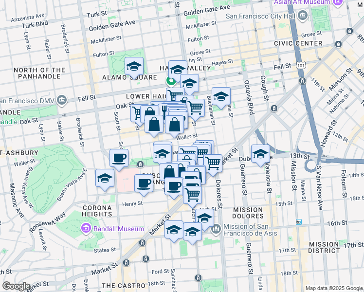 map of restaurants, bars, coffee shops, grocery stores, and more near 124 Fillmore Street in San Francisco