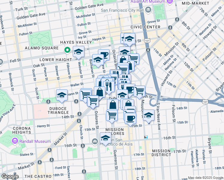 map of restaurants, bars, coffee shops, grocery stores, and more near 170 Duboce Avenue in San Francisco