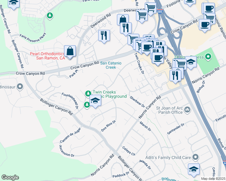 map of restaurants, bars, coffee shops, grocery stores, and more near 44 Dos Rios Court in San Ramon