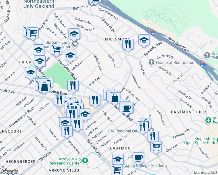 map of restaurants, bars, coffee shops, grocery stores, and more near 3340 72nd Avenue in Oakland