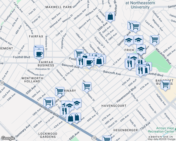 map of restaurants, bars, coffee shops, grocery stores, and more near 2451 60th Avenue in Oakland
