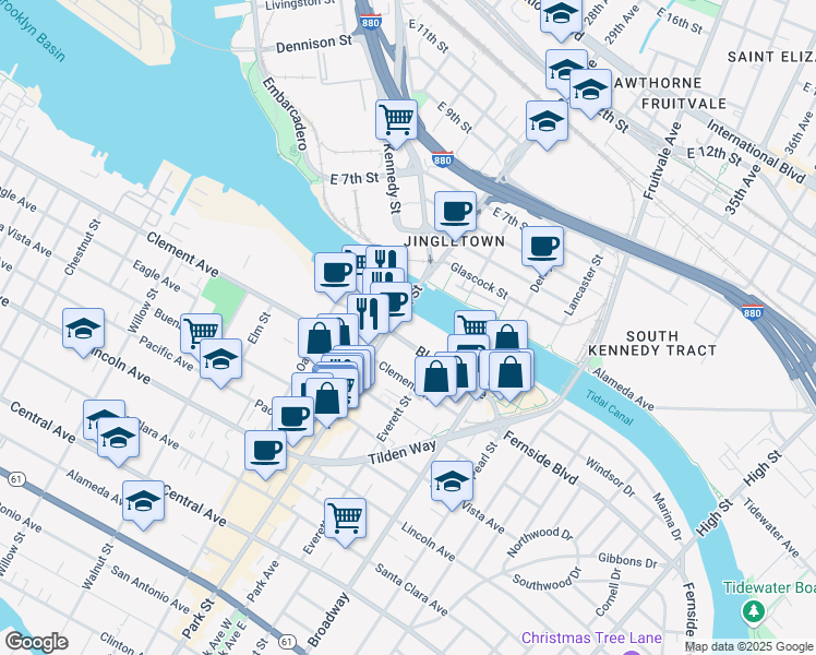 map of restaurants, bars, coffee shops, grocery stores, and more near 2417 Blanding Avenue in Alameda