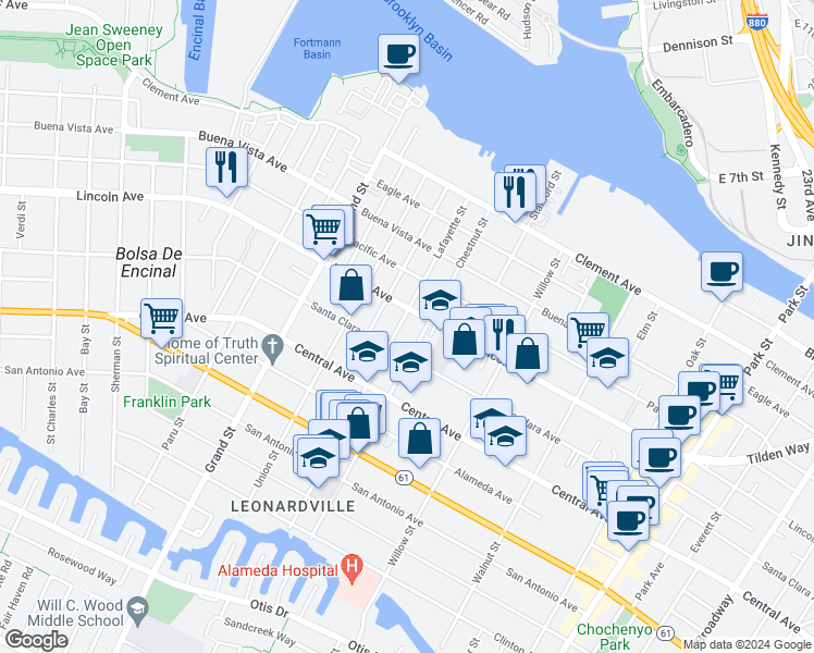 map of restaurants, bars, coffee shops, grocery stores, and more near 1516 Chestnut Street in Alameda