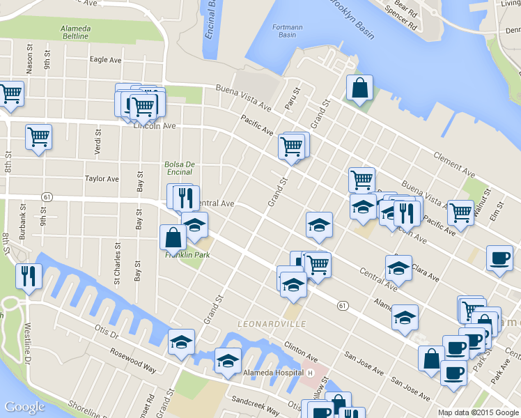 map of restaurants, bars, coffee shops, grocery stores, and more near 1315 Grand Street in Alameda