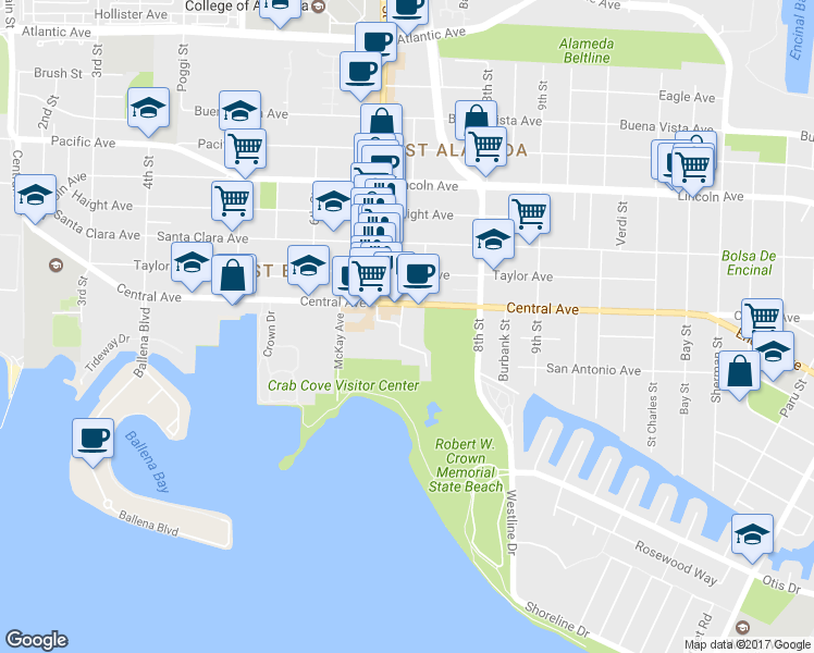 map of restaurants, bars, coffee shops, grocery stores, and more near 170 Crolls Garden Court in Alameda