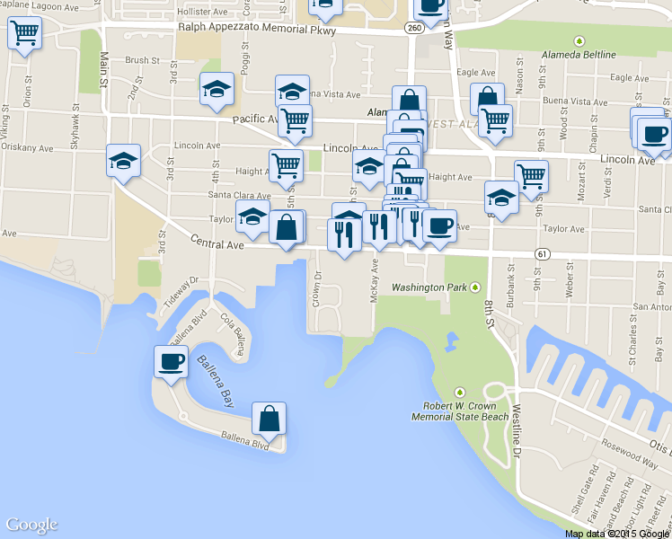 map of restaurants, bars, coffee shops, grocery stores, and more near 568 Queen's Road in Alameda