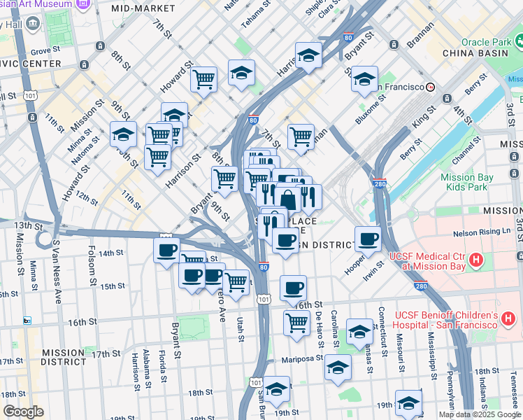 map of restaurants, bars, coffee shops, grocery stores, and more near 680 8th Street in San Francisco