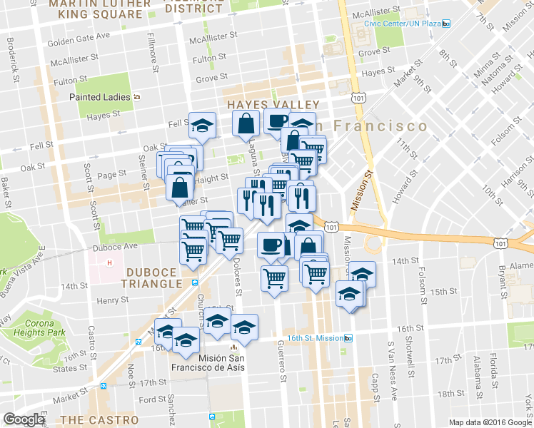 map of restaurants, bars, coffee shops, grocery stores, and more near in San Francisco