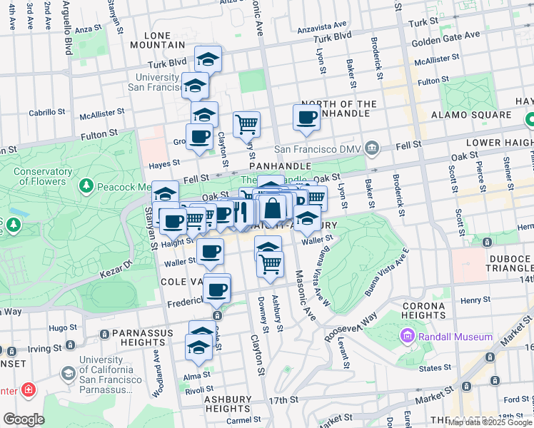 map of restaurants, bars, coffee shops, grocery stores, and more near 1465 Haight Street in San Francisco