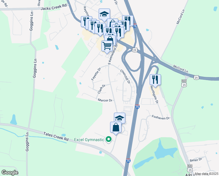 map of restaurants, bars, coffee shops, grocery stores, and more near 2105 Woodford Drive in Richmond