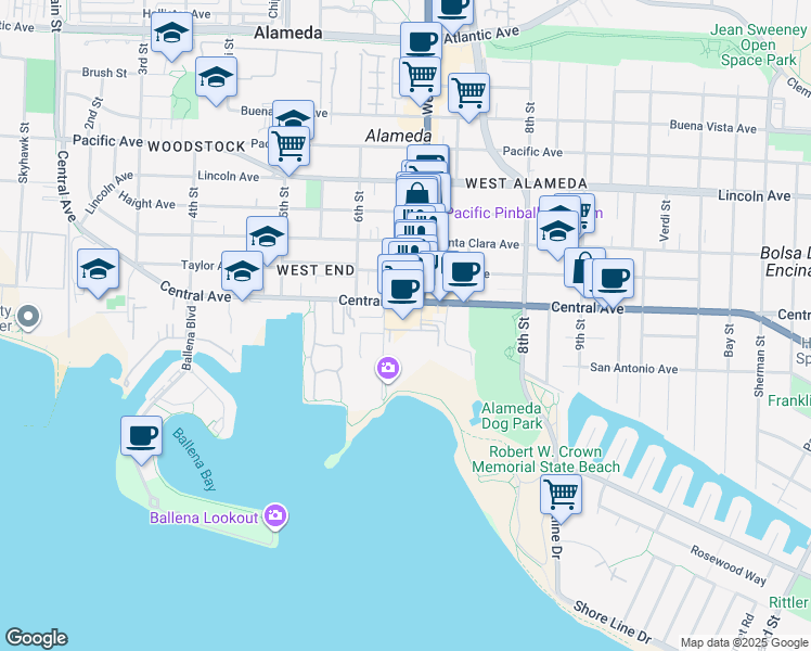 map of restaurants, bars, coffee shops, grocery stores, and more near 1331 Webster Street in Alameda